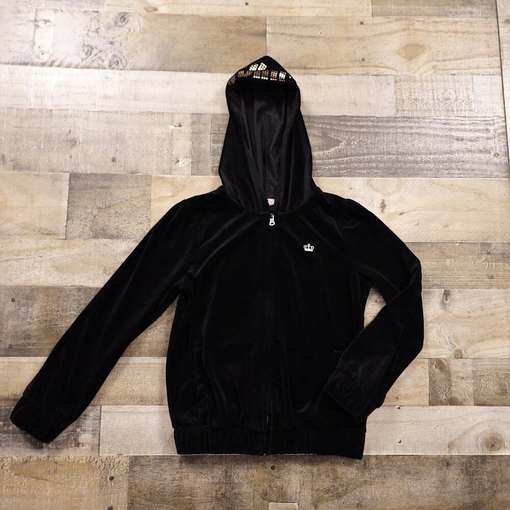 Juicy Couture Girls‎ Velour Hoodie Large Black Crown Logo Zip Up Juicy Hood